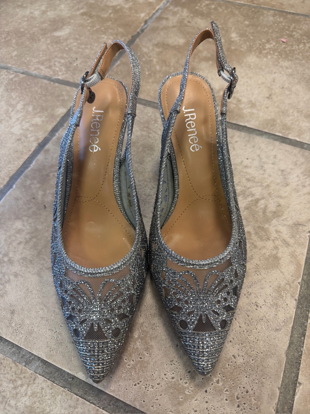 J. Renee Womens 8 M Silver Glitter Mesh Slingback Pointed Toe Heels Pumps NWOB